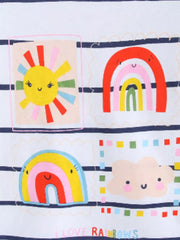 Baby t-shirt with navy stripes, featuring playful sun and rainbow graphics.