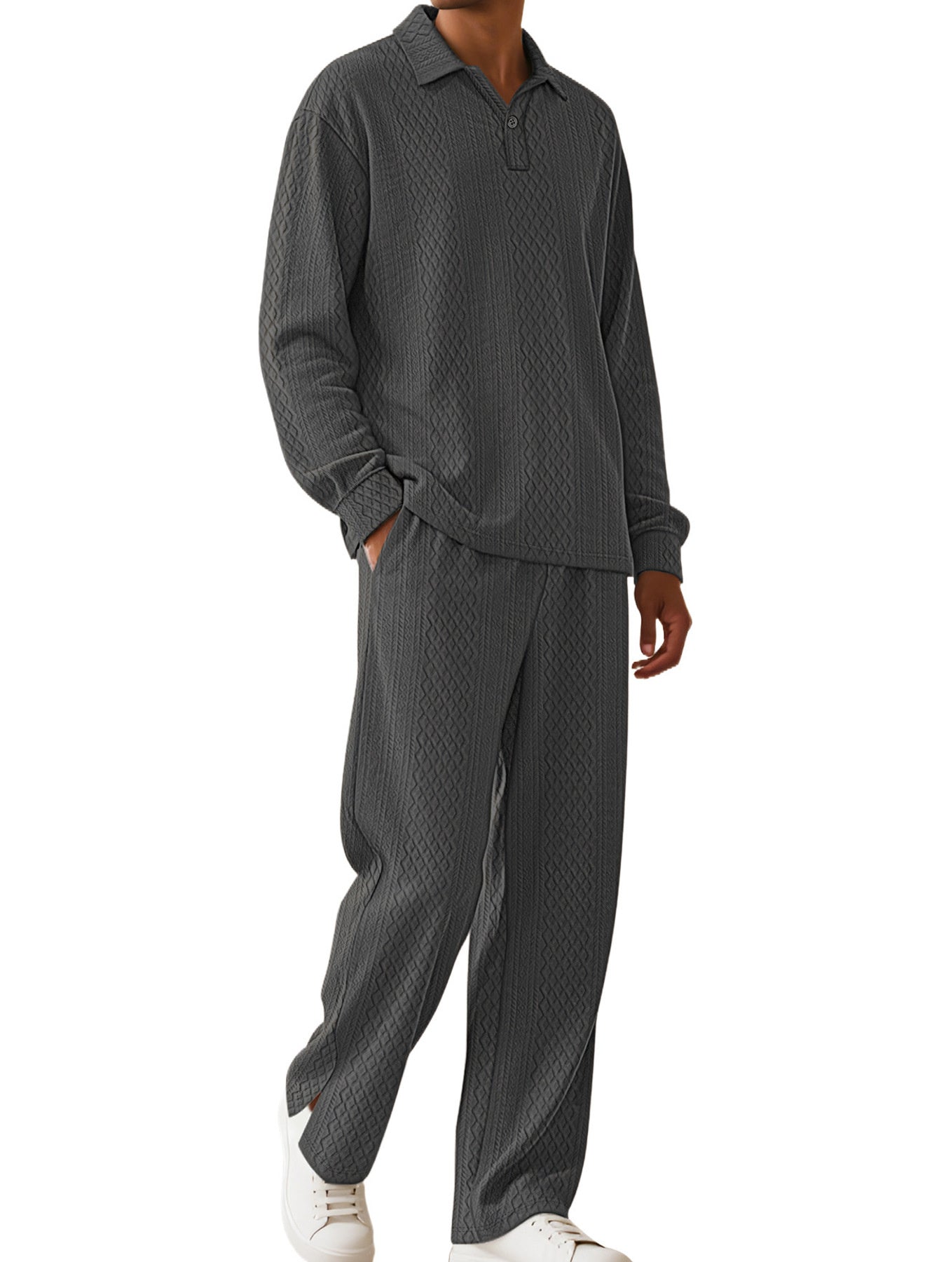 Men's Textured Long Sleeve Top And Pants Set, fit detail