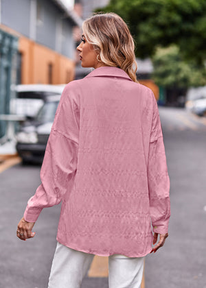 Textured overshirt in Dusty Pink with relaxed fit and buttoned cuffs.