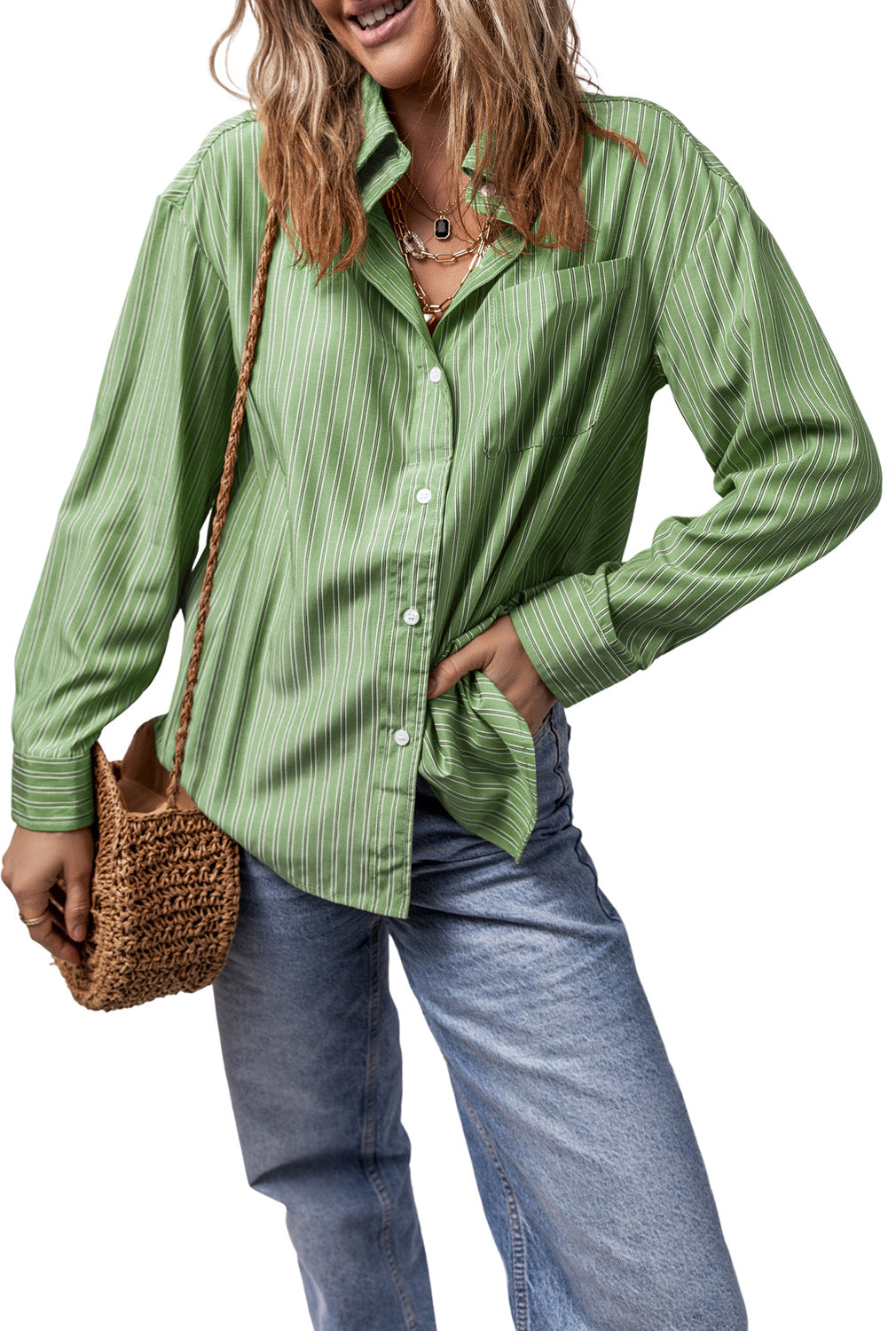 Oversized Sage Stripe Oxford Shirt with button front and chest pocket.