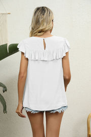 White lace yoke ruffle sleeve blouse with keyhole back detail.