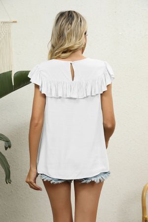 White lace yoke ruffle sleeve blouse with keyhole back detail.