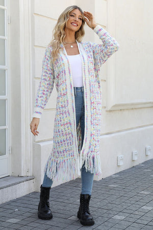 Chromatic crochet maxi cardigan with fringe detail in Multi color, acrylic material.