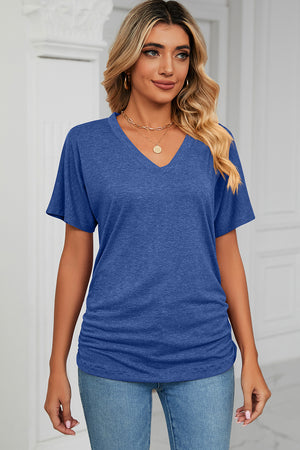 Royal Blue v-neck tee with short dolman sleeves and side ruching detail.