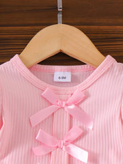Children's Ribbed Bow Top And Shorts Set in Pink, side view