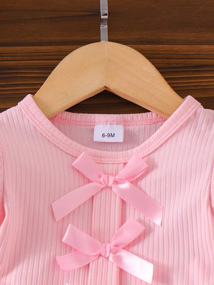 Children's Ribbed Bow Top And Shorts Set in Pink, side view