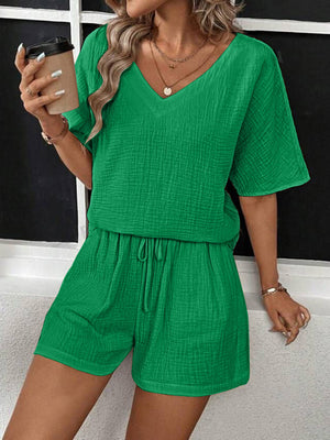 Green textured gauze lounge set with V-neck top and drawstring shorts