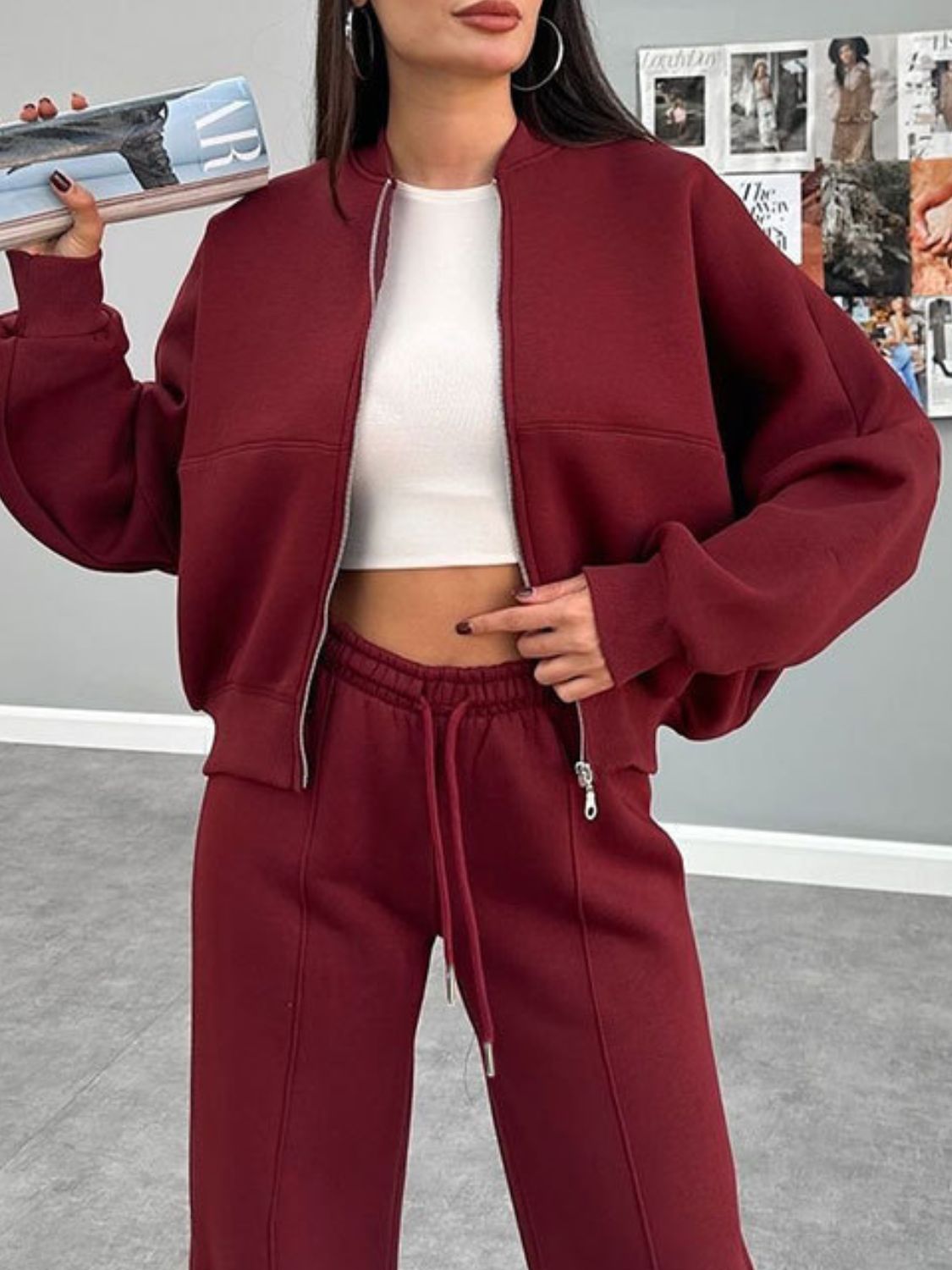 Burgundy bomber jacket and wide-leg tracksuit with drawstring pants