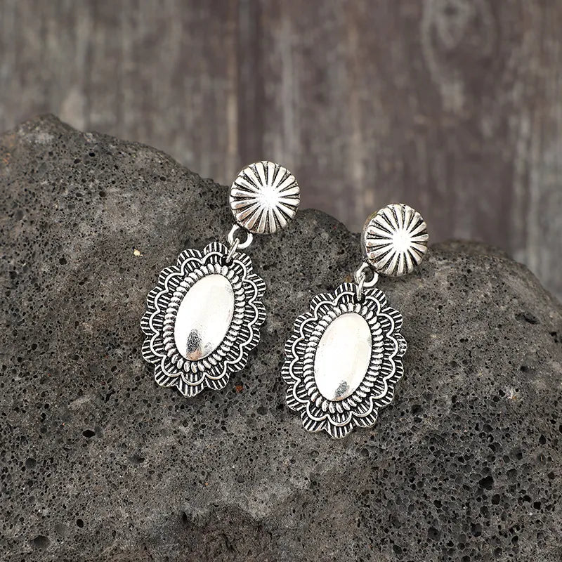 Antique silver scalloped oval drop earrings with sunburst studs