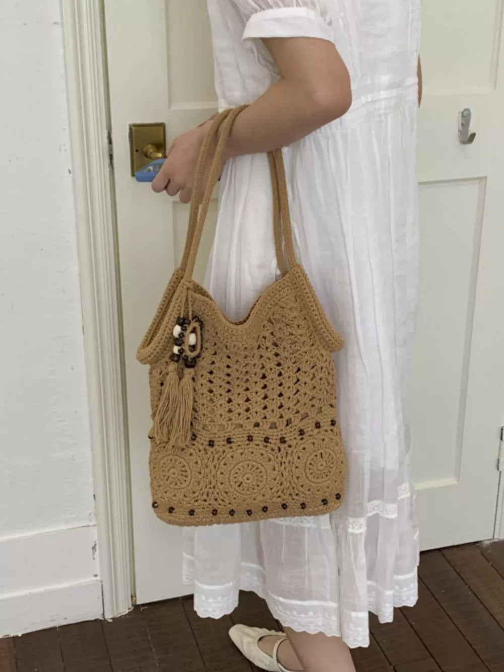 Knit Crochet Handbag in Brown, back view
