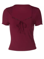 Wine red tie-front t-shirt with lace trim and square neckline.