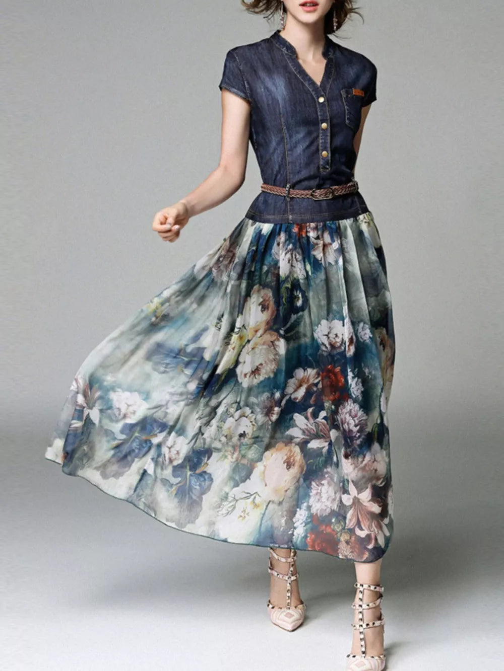 Patchwork floral chiffon maxi dress with denim bodice, button-down front, and short sleeves.