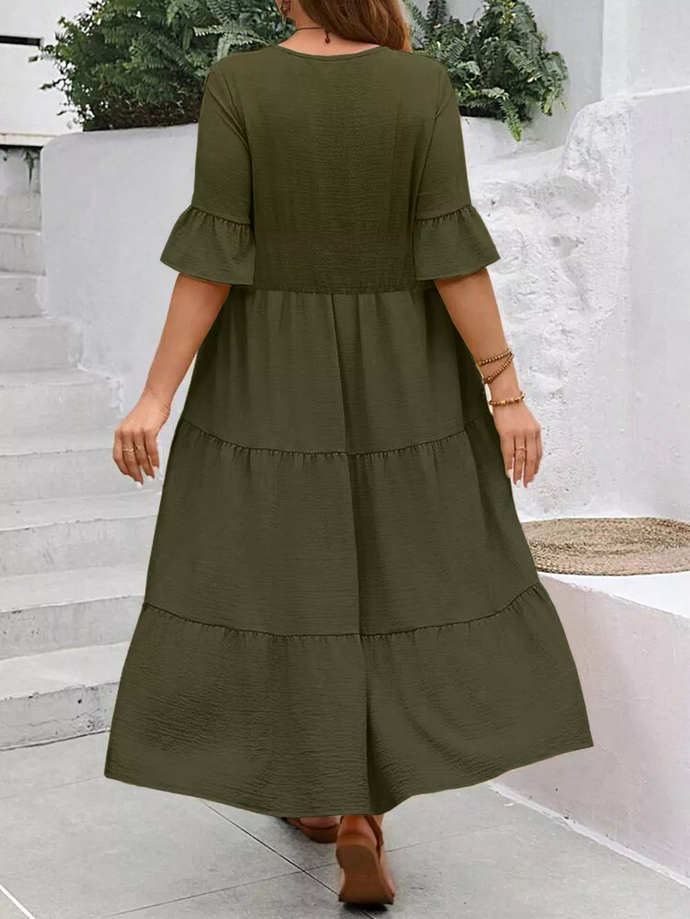 Army green crinkled midi dress with ruffle sleeves and tiered skirt