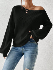 Black ribbed knit off-shoulder top with balloon sleeves