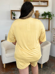 Yellow bamboo loungewear set with relaxed fit tee and shorts.