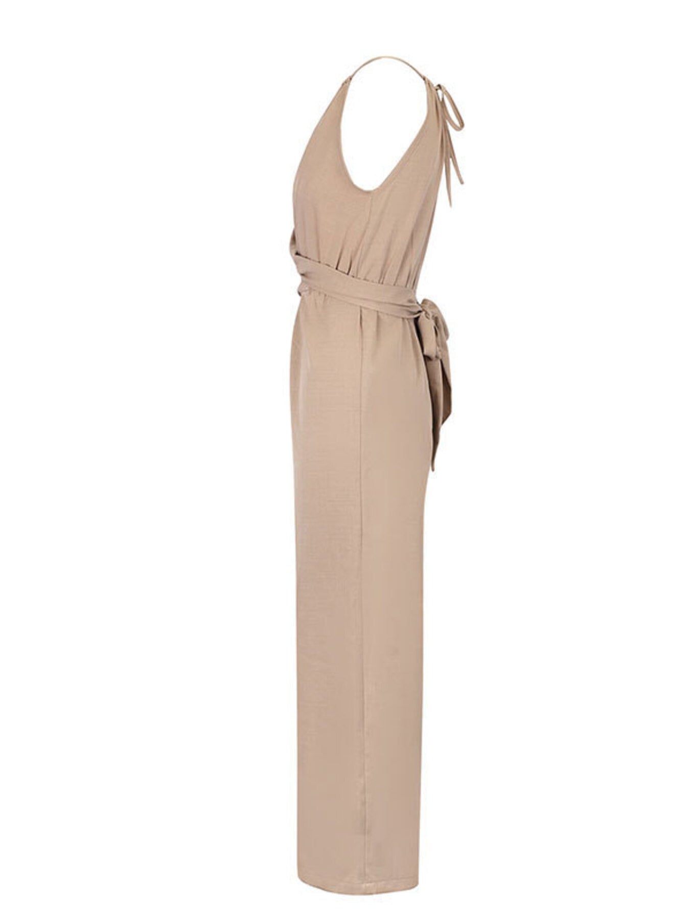 Beige halter neck wide leg jumpsuit with drawstring waist and tie detail