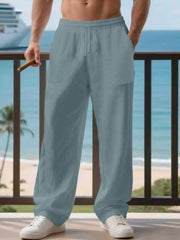 Men's light blue linen drawstring joggers with side pockets