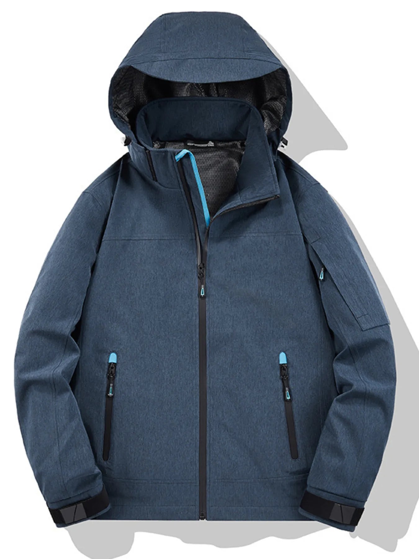 Plus-size hooded zip-up jacket in Postal Blue with functional pockets and black trim.