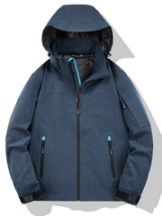 Plus-size hooded zip-up jacket in Postal Blue with functional pockets and black trim.