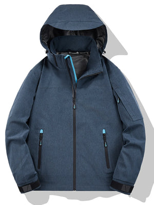 Plus-size hooded zip-up jacket in Postal Blue with functional pockets and black trim.