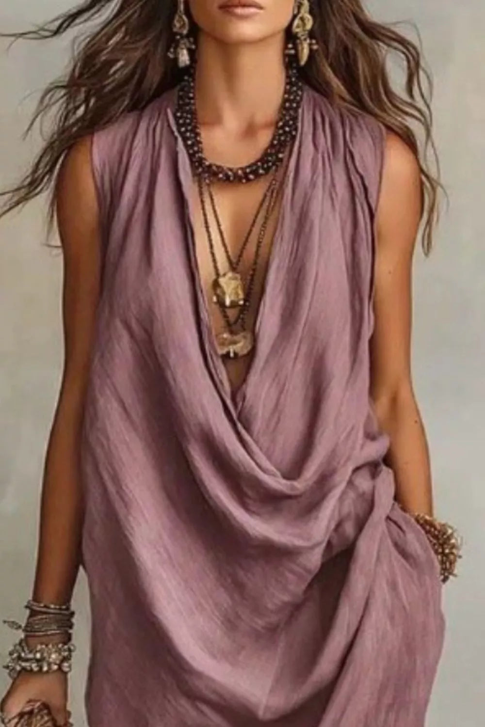 Dusty Pink cowl neck midi dress with pockets, styled with layered necklaces.