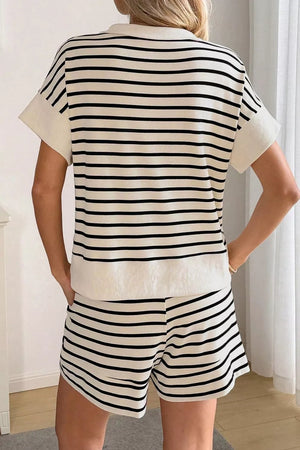 Classic striped half-zip two-piece set in beige and black cotton with short sleeves and shorts.
