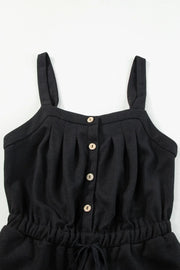 Black waffle knit jumpsuit with button front, drawstring waist and wide legs.