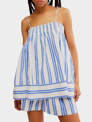 Blue striped smocked cami and shorts set with square neckline and wide hem detail.