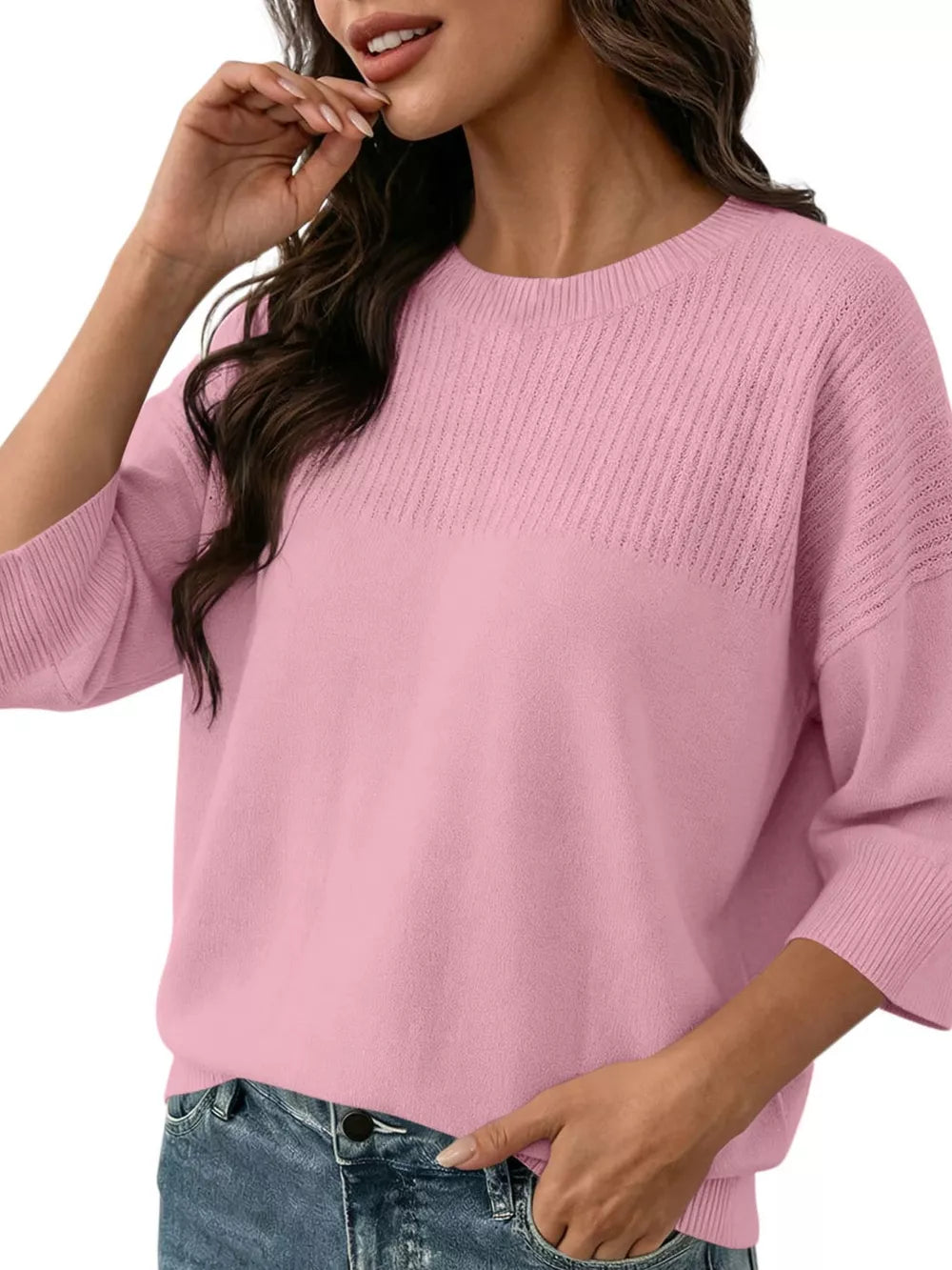 Elegant Crew Neck Eyelet Ribbed Sweater in Pink, editorial view