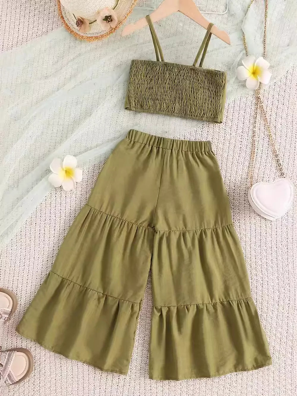 Children's Smocked Bow Cami And Pants Set in Olive, alternate angle