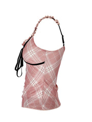 Plaid ruffle trim tank top with black ribbon tie detail