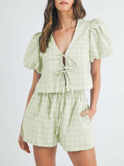 Light green plaid puff sleeve tie-front top and drawstring shorts set