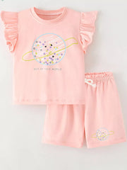 Pink cotton toddler top and shorts set with planet graphic and ruffle sleeves.