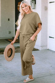 Textured knit tee and wide leg pants set in Khaki with a drawstring waist and pockets.