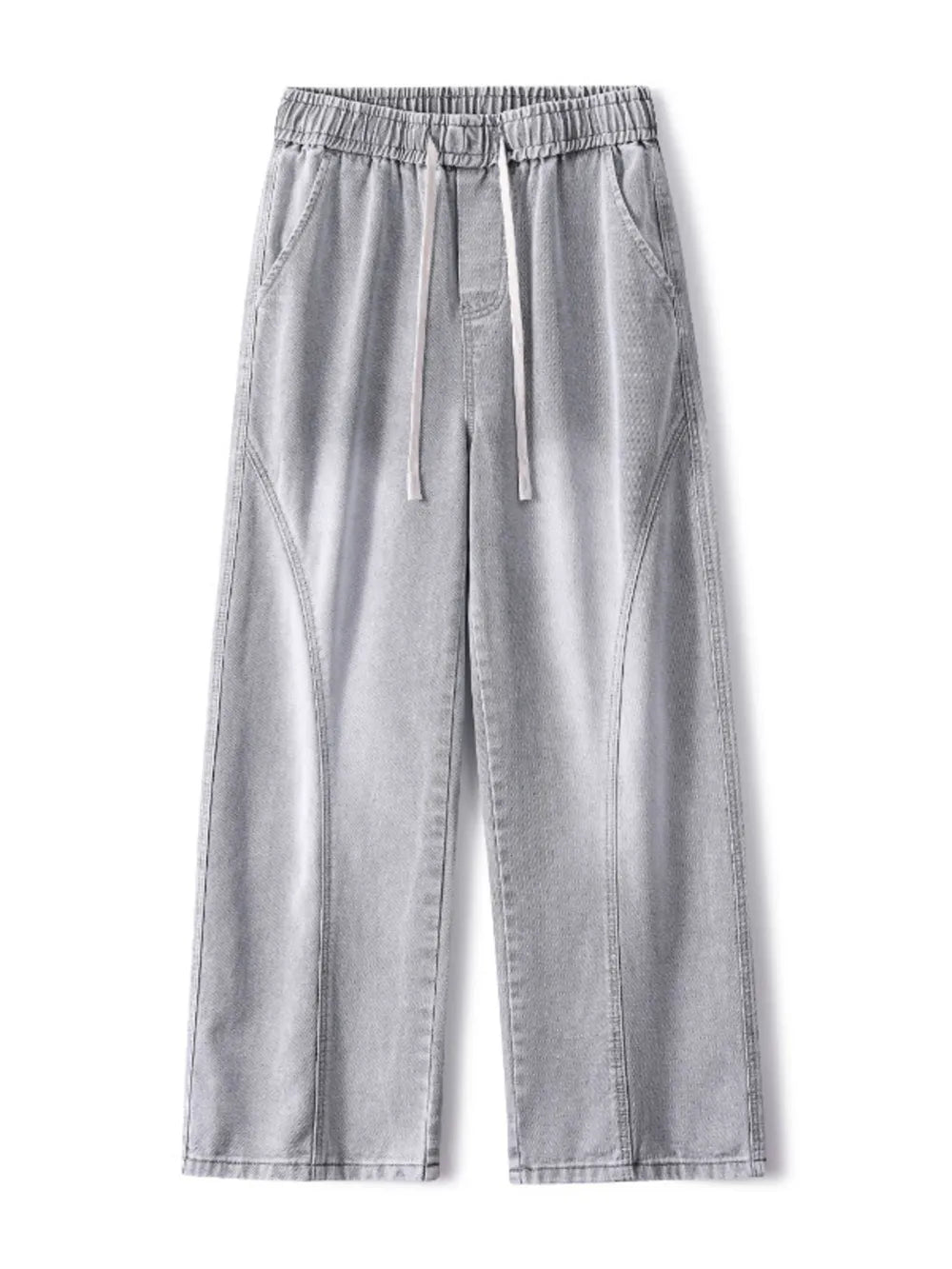 Men's gray vintage wash wide-leg jeans with drawstring and elastic waist