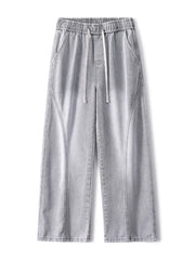 Men's gray vintage wash wide-leg jeans with drawstring and elastic waist