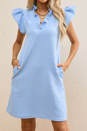 Light blue textured trapeze dress with ruffle sleeves and v-neck