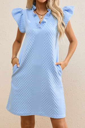 Light blue textured trapeze dress with ruffle sleeves and v-neck