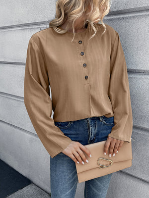 Camel mandarin collar button-down blouse with long sleeves and a relaxed fit.