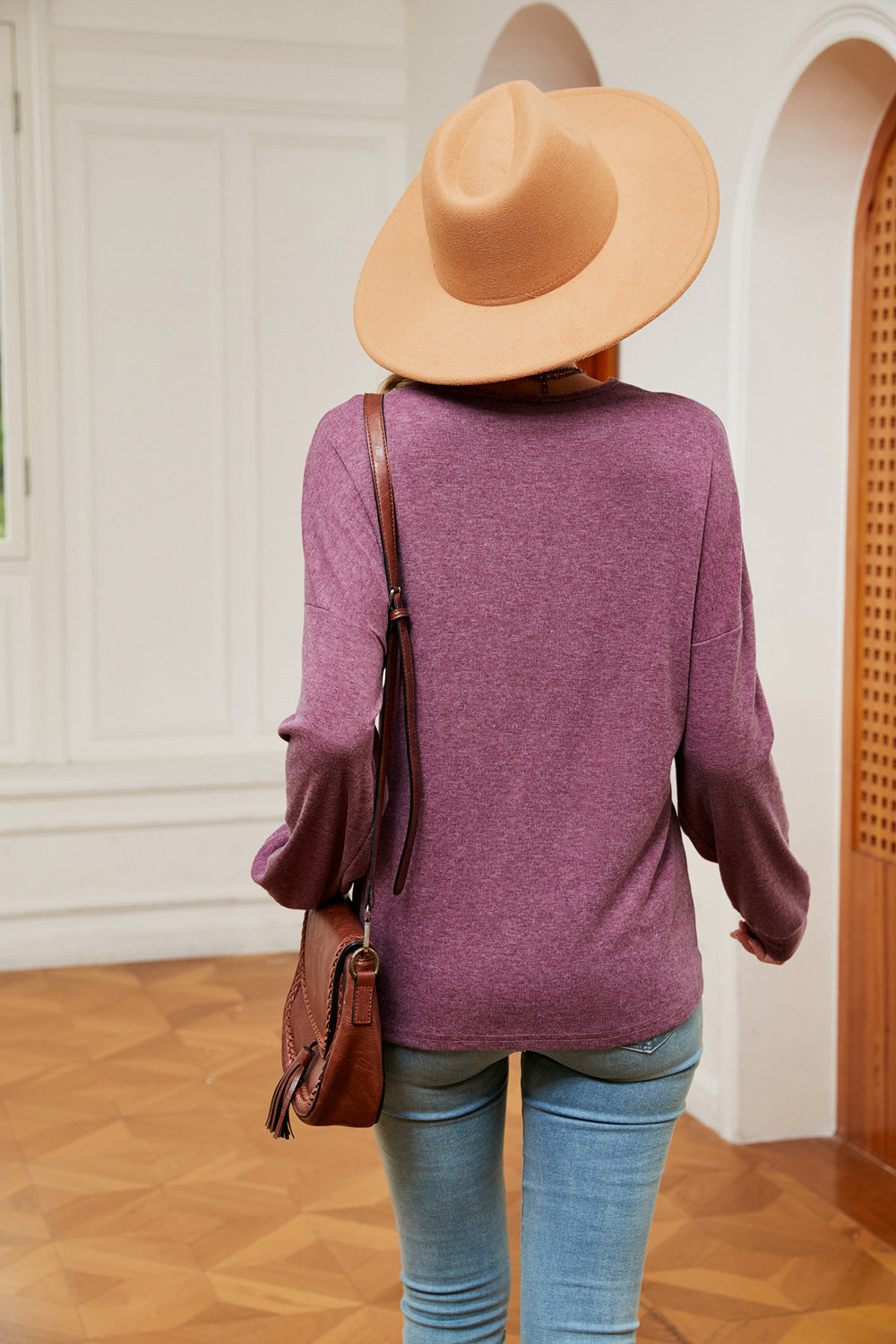Lilac relaxed fit knit sweater with V-neck and lace trim detail, long sleeves