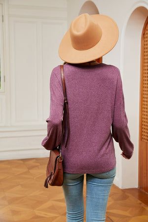 Lilac relaxed fit knit sweater with V-neck and lace trim detail, long sleeves