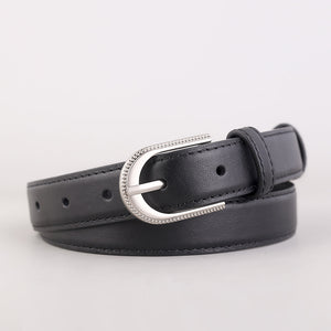 Black leather belt with rhinestone buckle and silver hardware
