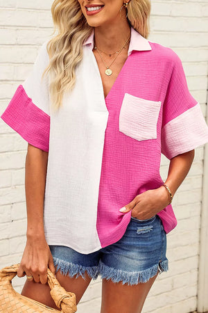Cotton color block casual shirt with V-neck, short sleeves, and chest pocket.