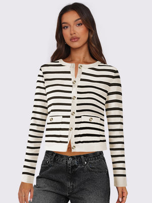 Breton stripe cropped cardigan in white and black with button front and pockets.