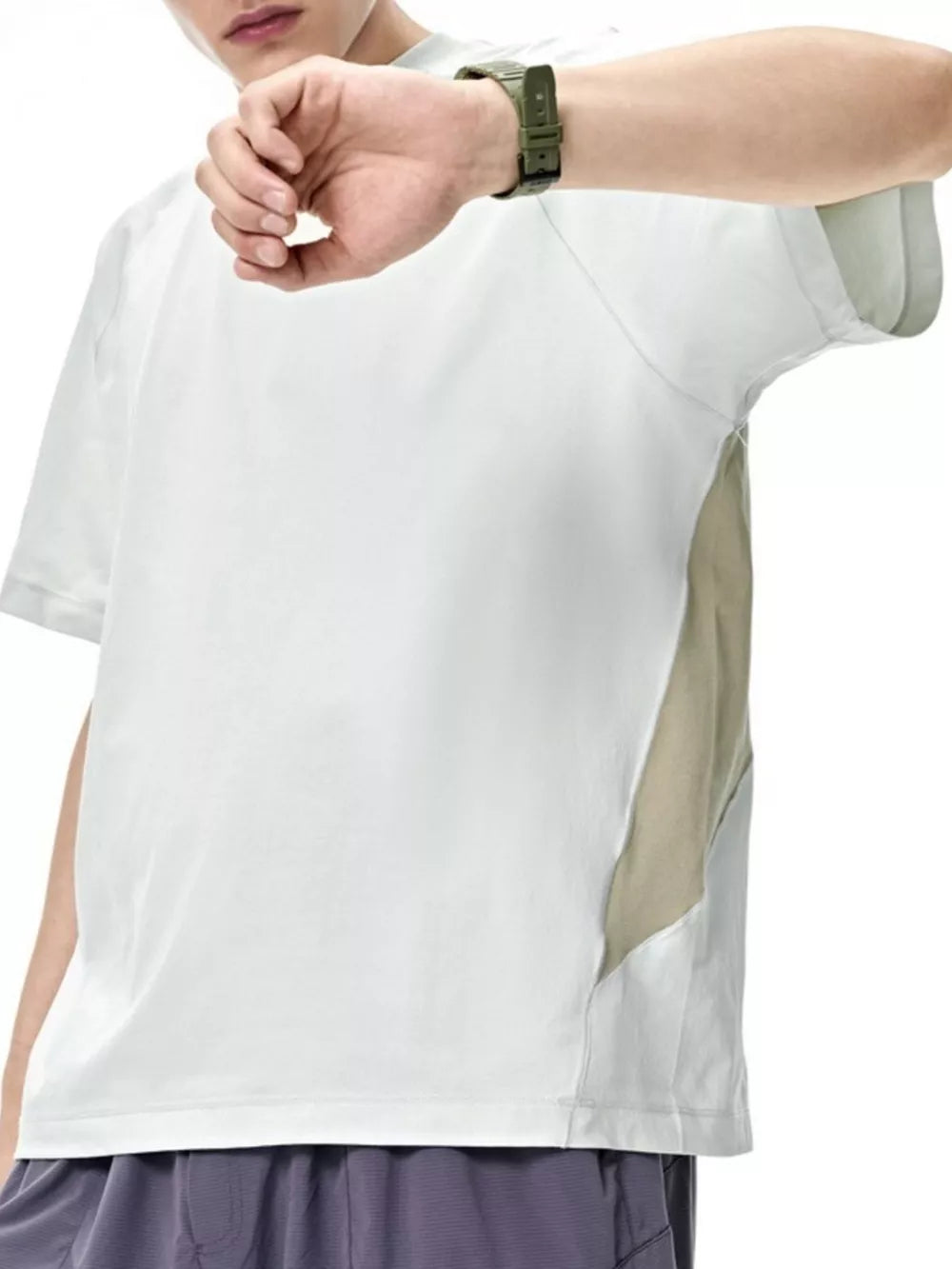 Men's white crew neck t-shirt with geometric sage panels on the side.