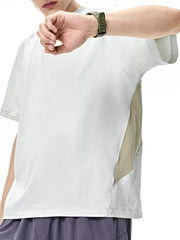 Men's white crew neck t-shirt with geometric sage panels on the side.