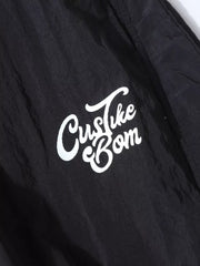 Black wide-leg cargo pants with white script logo detail