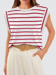 White and scarlet striped sleeveless tank top with a round neckline and padded shoulders.