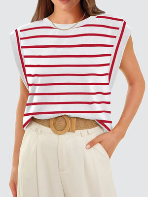 White and scarlet striped sleeveless tank top with a round neckline and padded shoulders.