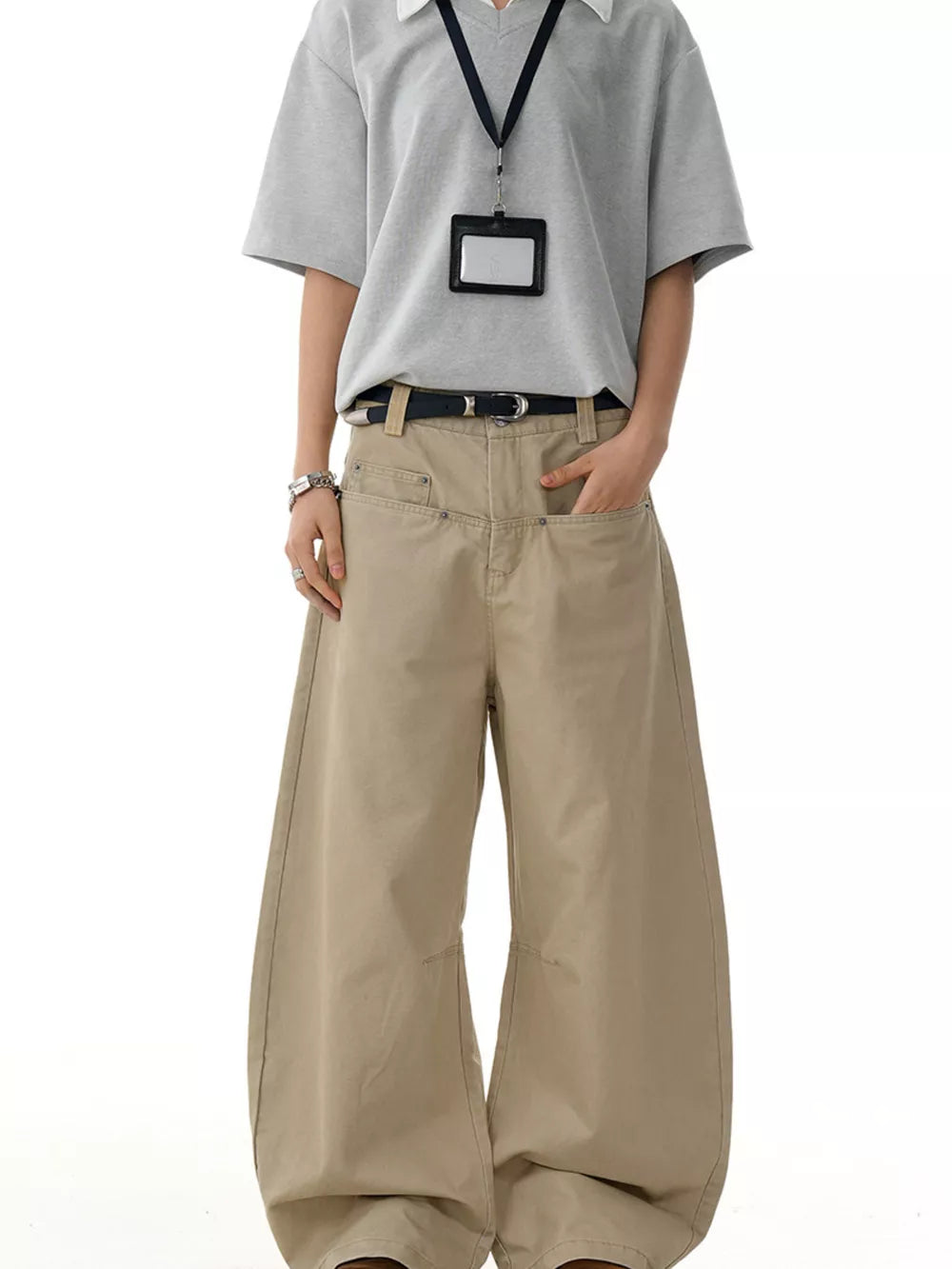 Khaki wide-leg sweatpants with pockets, relaxed fit, men's activewear.